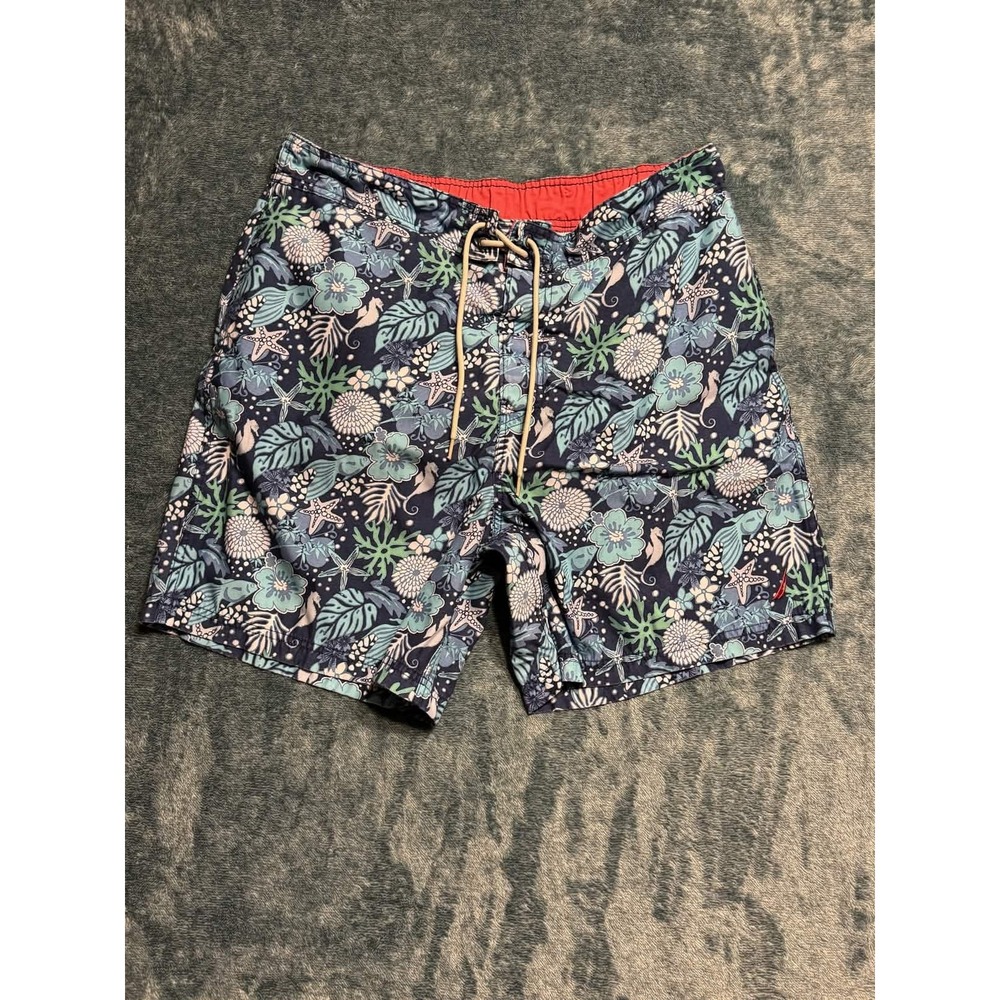 Nautica Mens Blue Tropical Floral Fish Swim Trunks Board Shorts XL